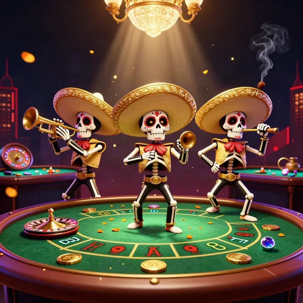 Day-of-the-Dead mariachi trio in a luxe casino room with green felt, gold light, and skyline glow