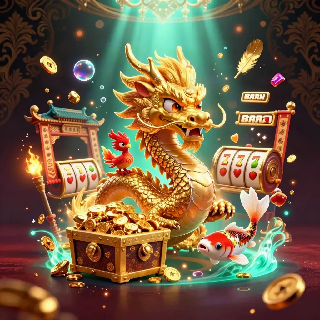 Dragon, phoenix and koi burst from a chest in gold and green casino fantasy art.