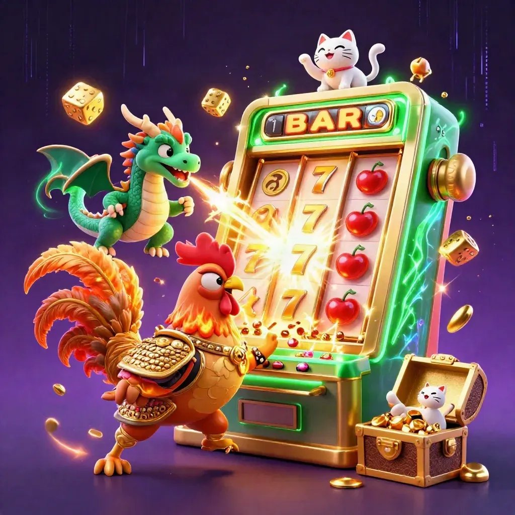 Rooster warrior, dragon hatchling, and fortune-cat amid exploding slots, gold, and neon green energy.