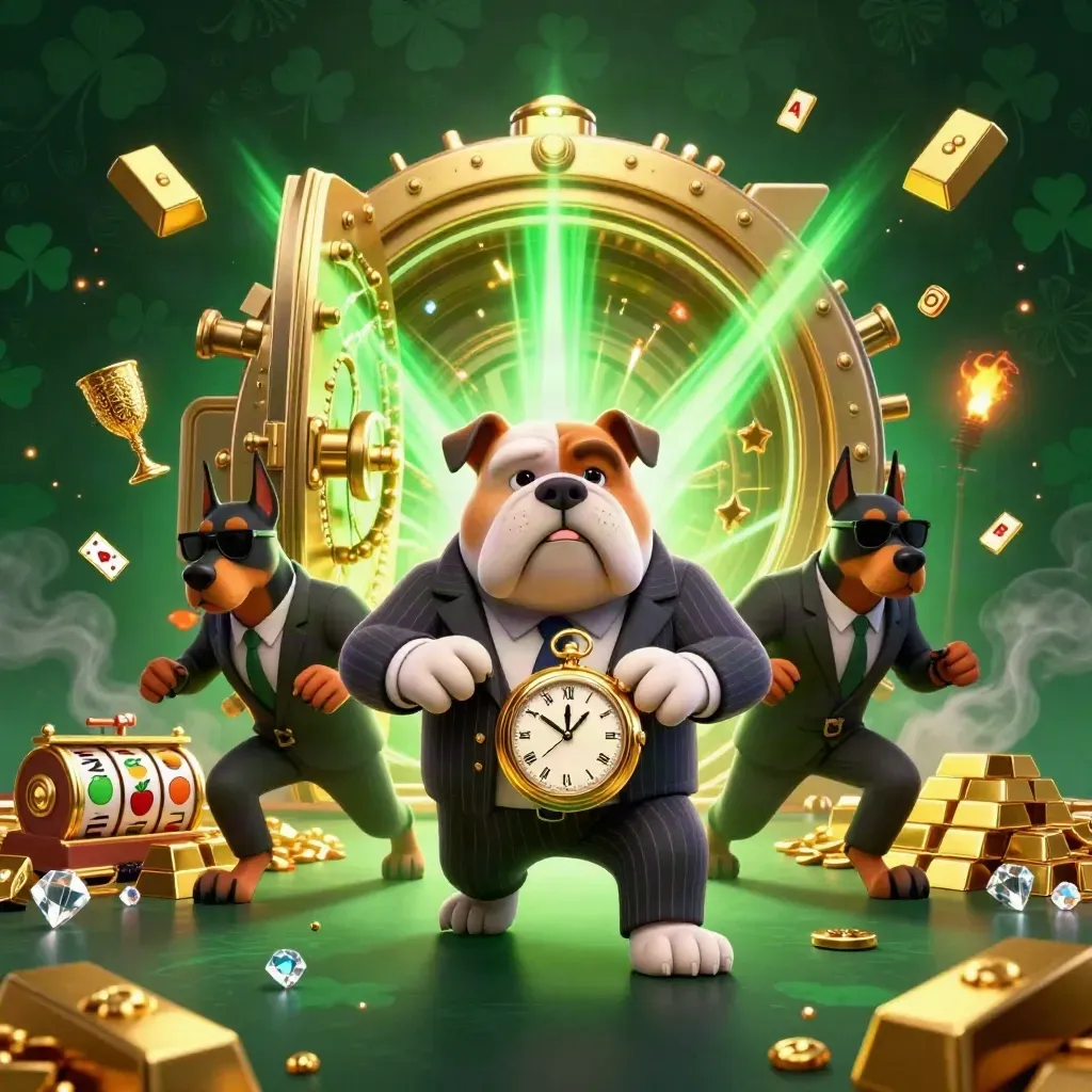 Bulldog mafia boss and bodyguards blast from a treasure vault with gold, gems, and neon casino effects.