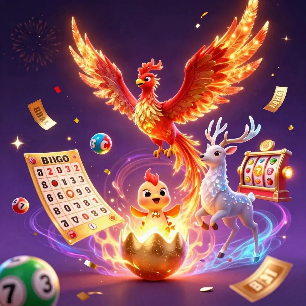 Fire phoenix, baby hatchling, and crystal-antler stag amid casino effects and glowing gold magic