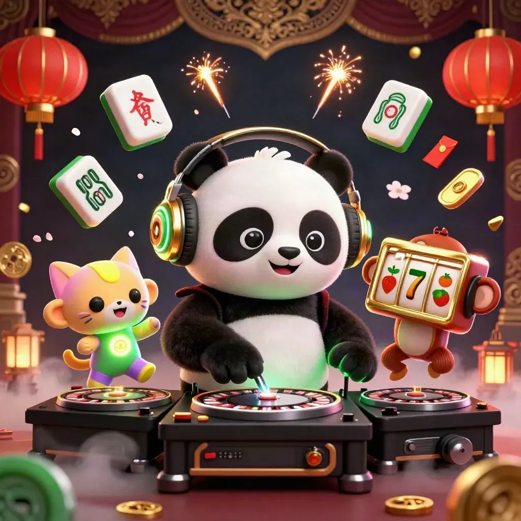Panda DJ, breakdancing monkey and glow-stick kitten amid casino props and neon green light