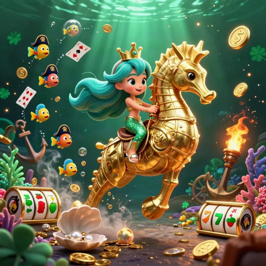 Mermaid princess on armored seahorse amid treasure, fish, and neon casino glow.