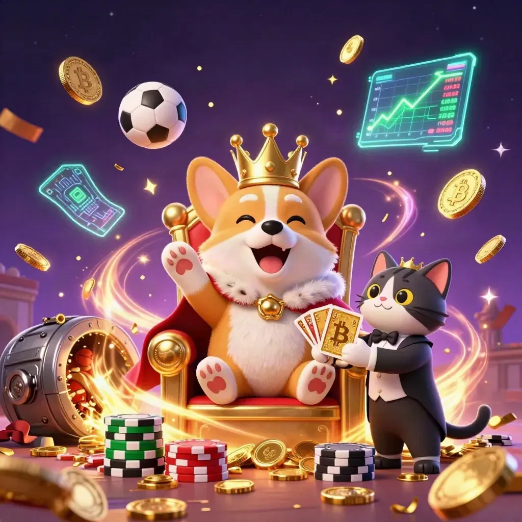 Royal corgi and cat butler amid bursting coins, vault, fireworks, and neon betting energy.