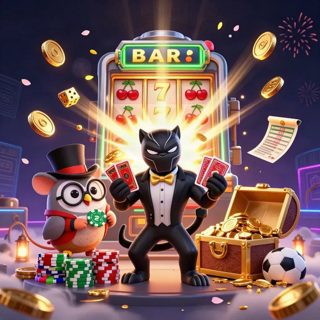 Panther, owl, and mouse amid coins, slot burst, and neon casino fireworks.