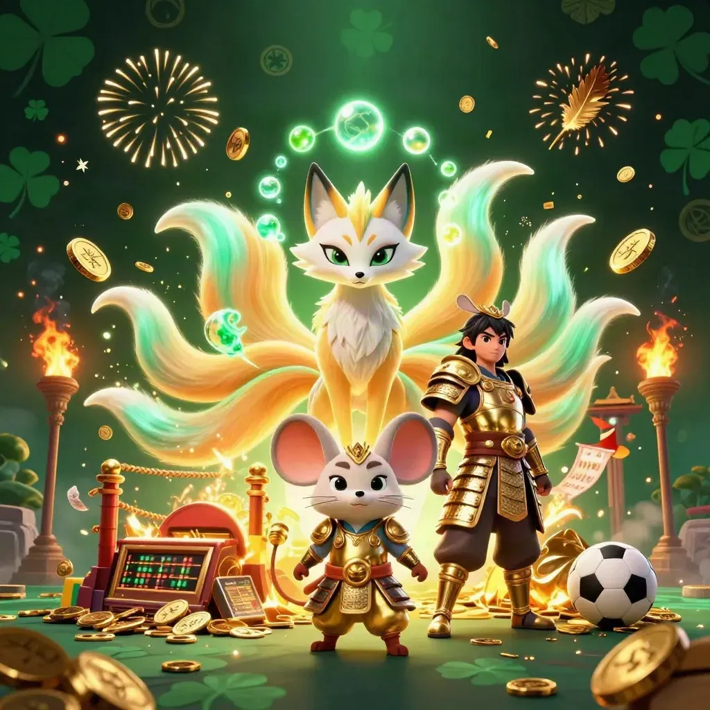 Fox spirit and armored mouse amid coins, fireworks, temple gate, and betting props.