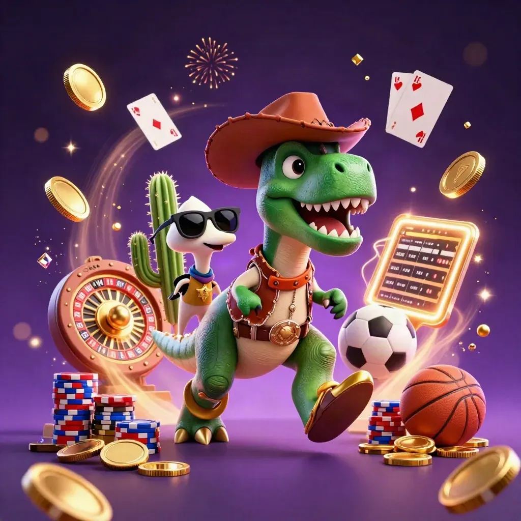 Cowboy T-Rex, cactus sidekick, and roadrunner amid coins, gems, fireworks, and casino props.