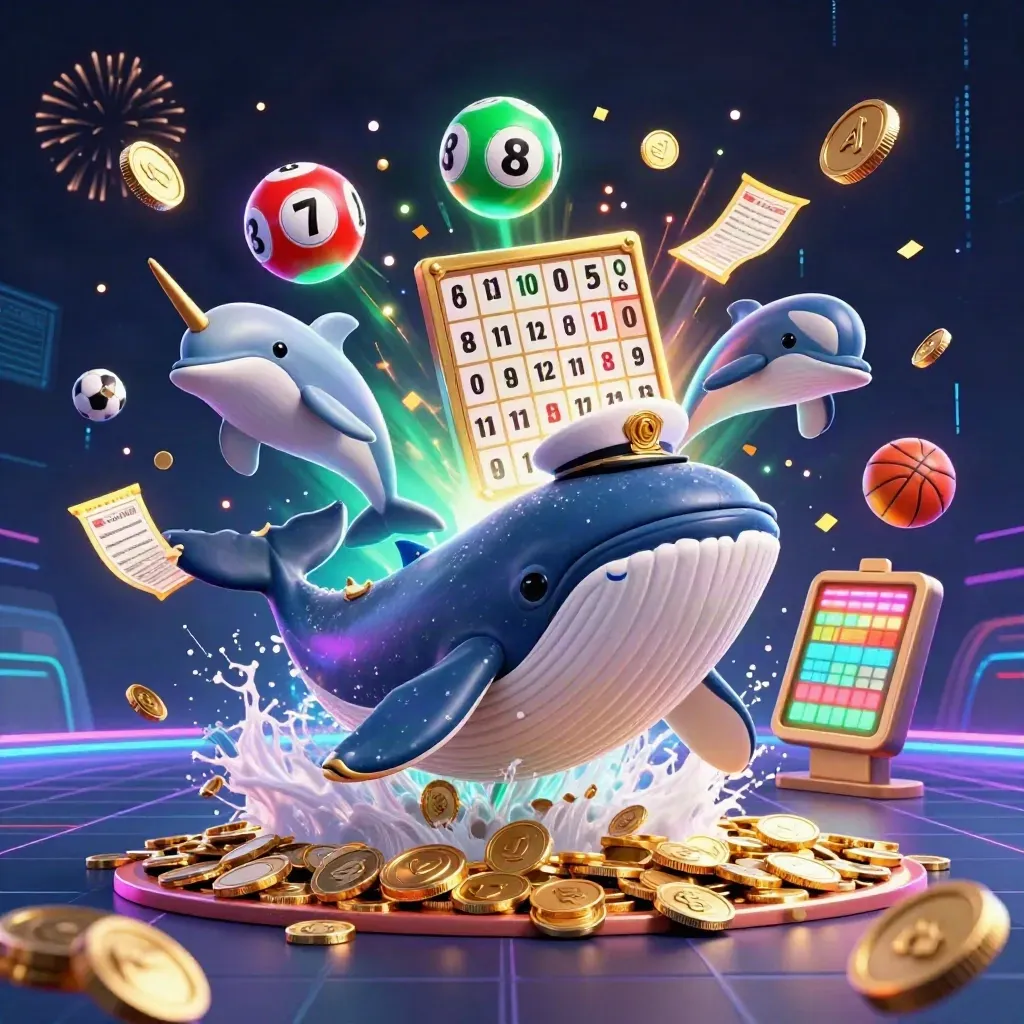 Whale captain, narwhal, dolphins and casino prizes explode in neon gold on a dark grid.