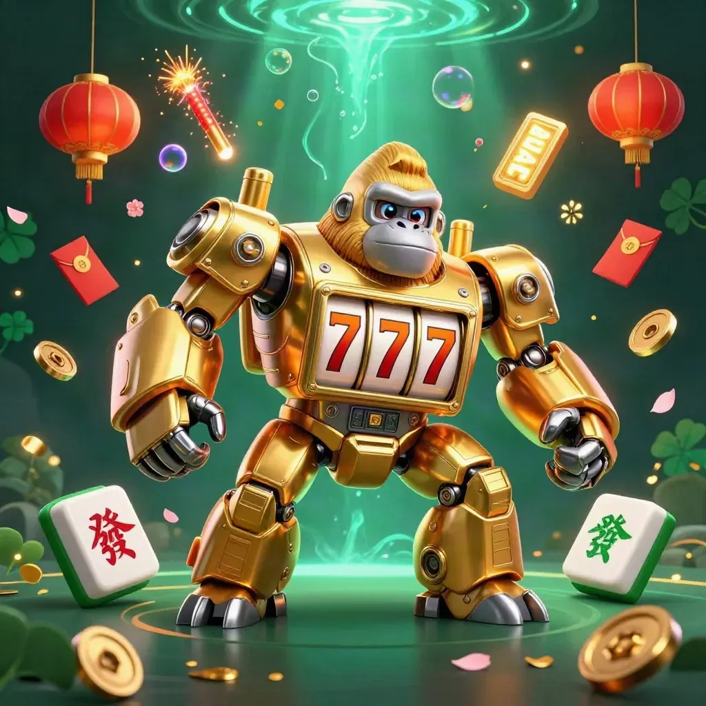 Golden slot-machine gorilla mech with monkey pilot amid lucky reels, lanterns, coins, and casino sparks