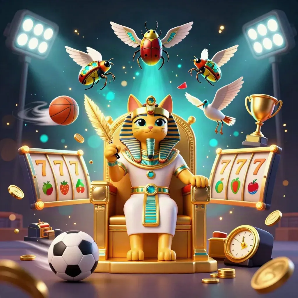 Pharaoh cat throne scene with ibis scribe, scarabs, sports balls, coins, and glowing slot symbols.