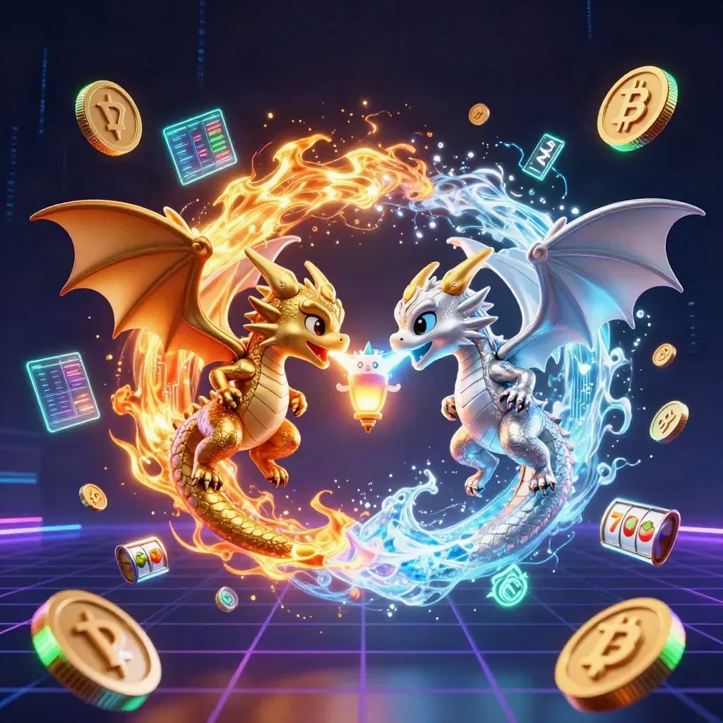 Gold and silver dragons spiral in a neon casino sky with coins, slots, and a tiny lantern spirit.