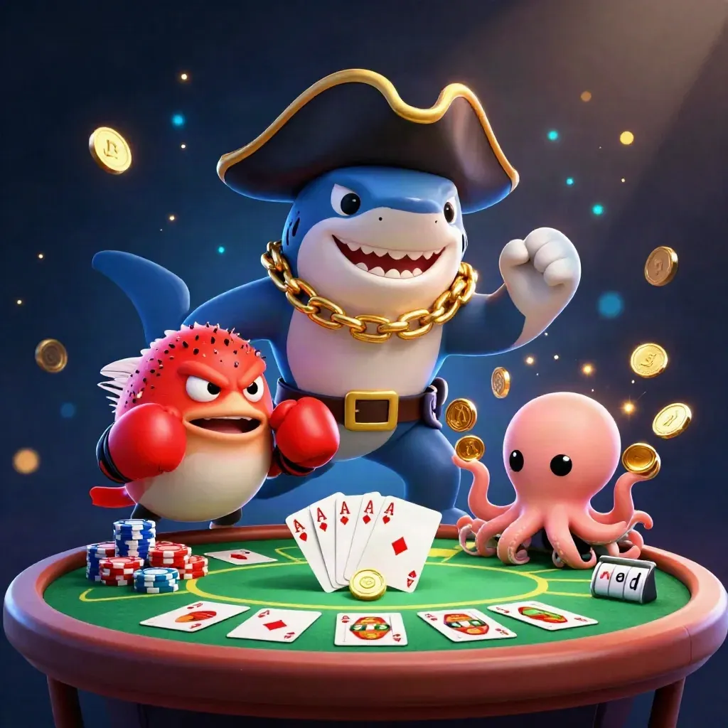 Pirate shark, pufferfish, and octopus in a neon casino action scene with cards and chips
