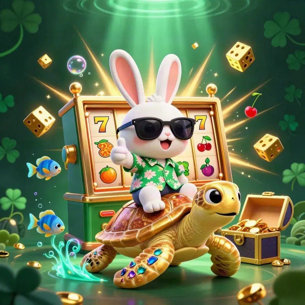Rabbit rides a golden turtle amid slot symbols, gold, bubbles, and emerald casino glow.