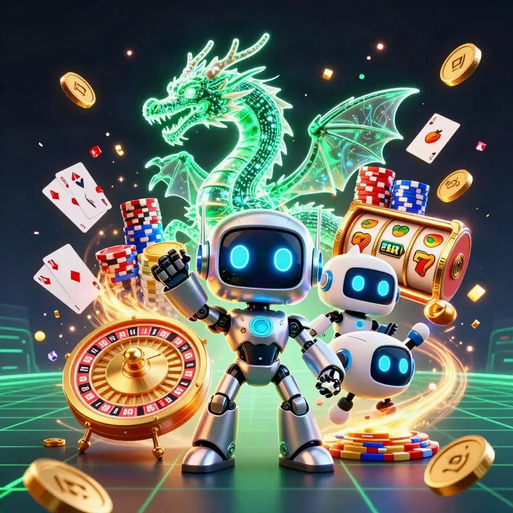 Cyberpunk robot, holographic dragon, and coin drone amid casino effects on a dark neon grid.