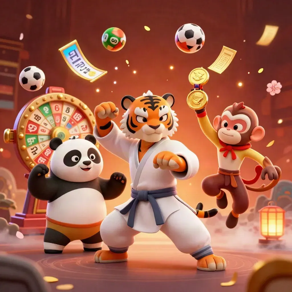 Kung-fu tiger, panda, and monkey amid casino and sports betting objects