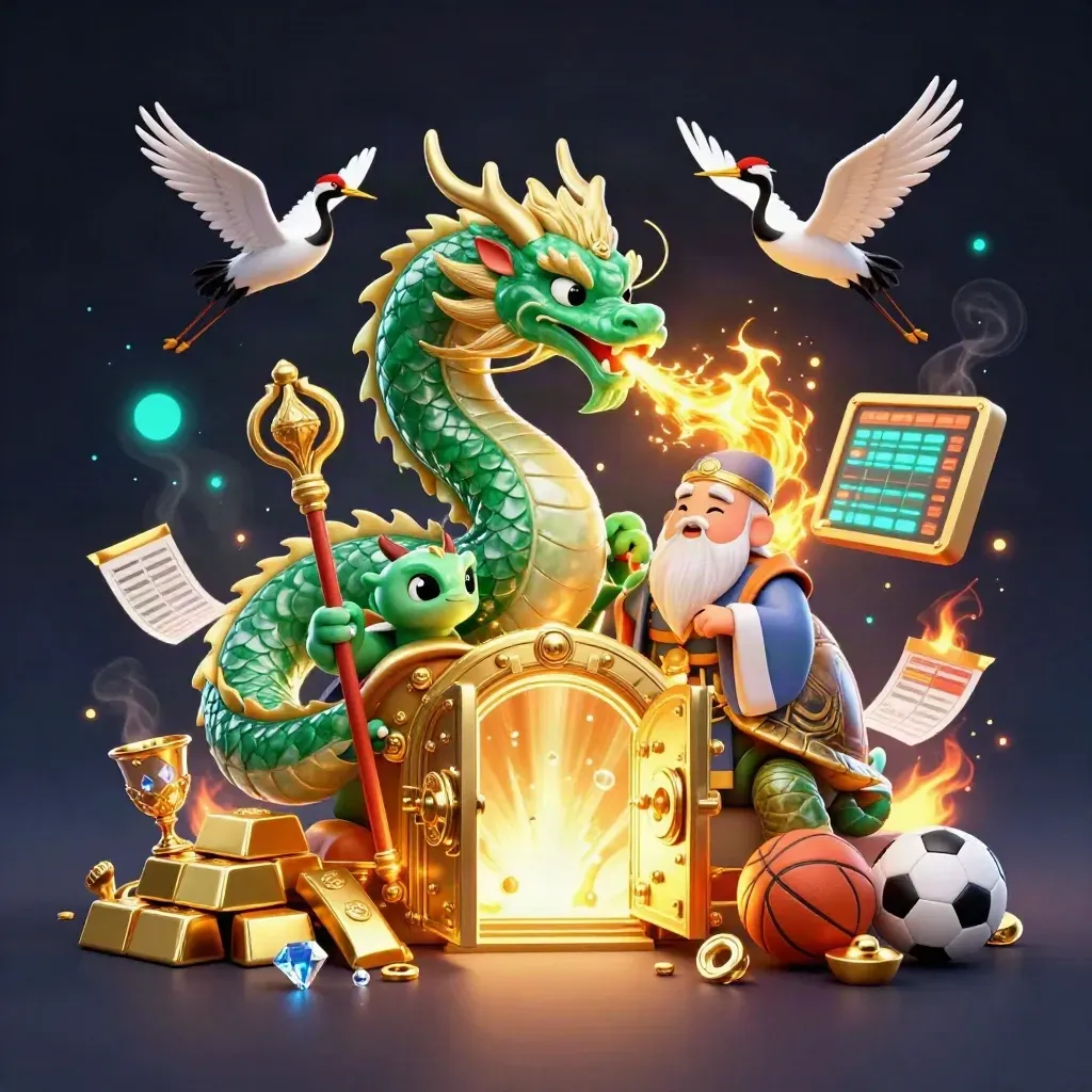 Jade dragon, turtle sage and cranes amid gold vault light and neon casino effects.
