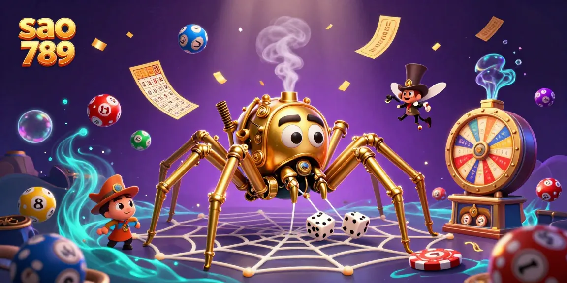 Engage with the vibrant world of sao 789, showcasing a lively steampunk spider amidst dynamic lottery elements and casino themes.