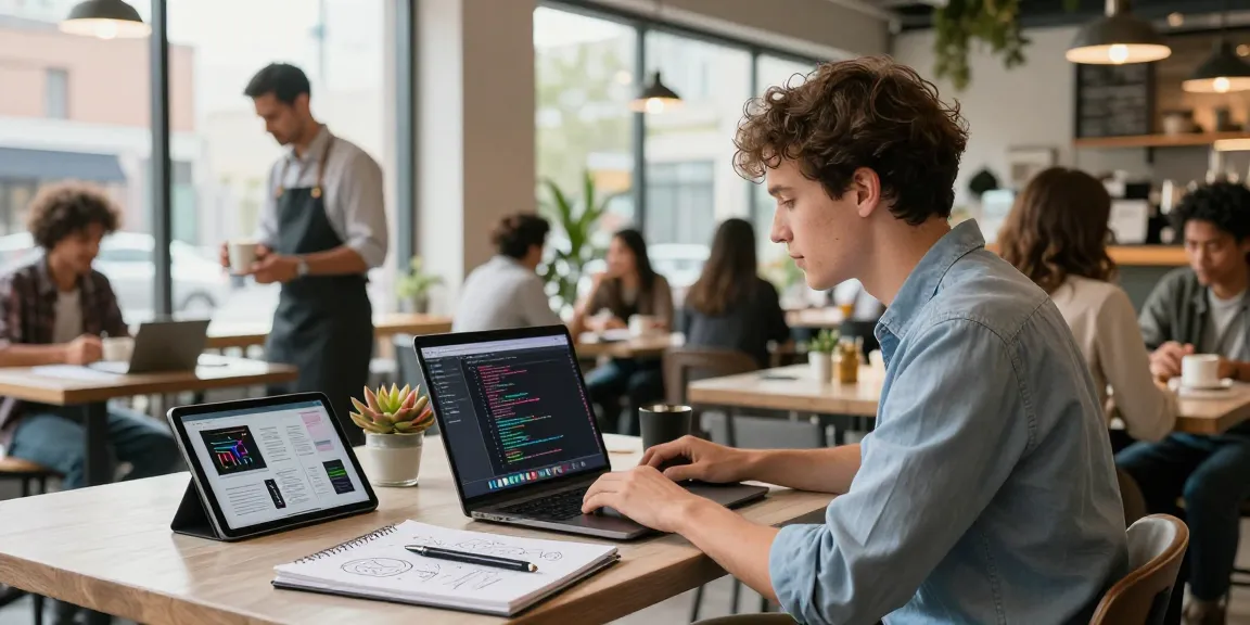 Engaging workspace at modern café showcasing hot ai development with a creative professional using a laptop and innovative tools.