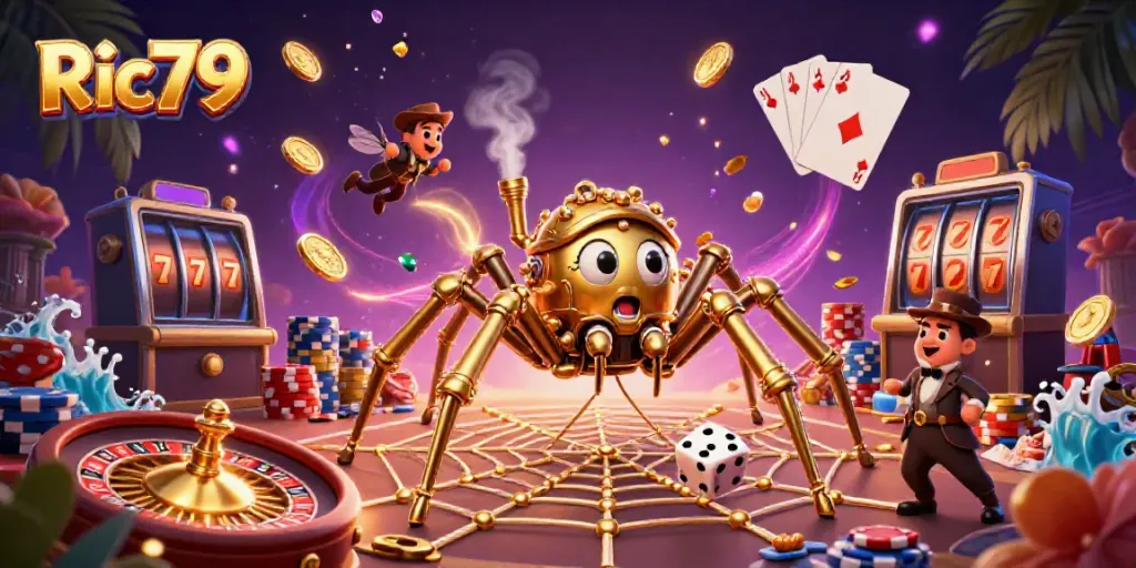 Ric79 engages players in vibrant casino action with a steampunk spider weaving a golden web.