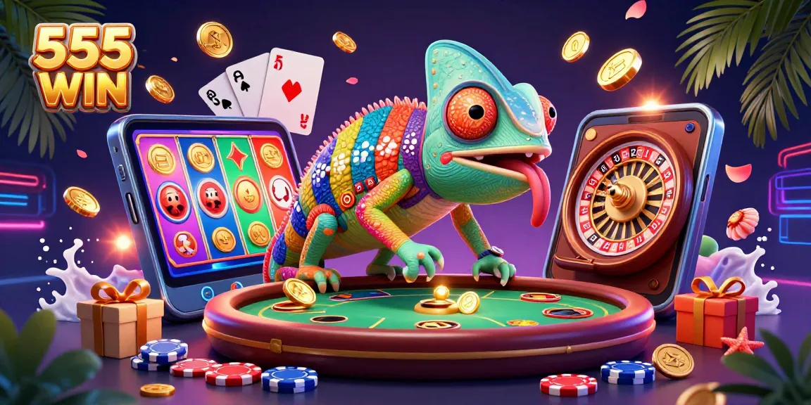 Experience 555 WIN with vibrant characters and dynamic casino elements in an engaging 3D illustration.