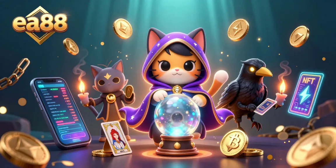 Play and win at ea88, featuring a mystical cat and raven in a vibrant 3D casino illustration.