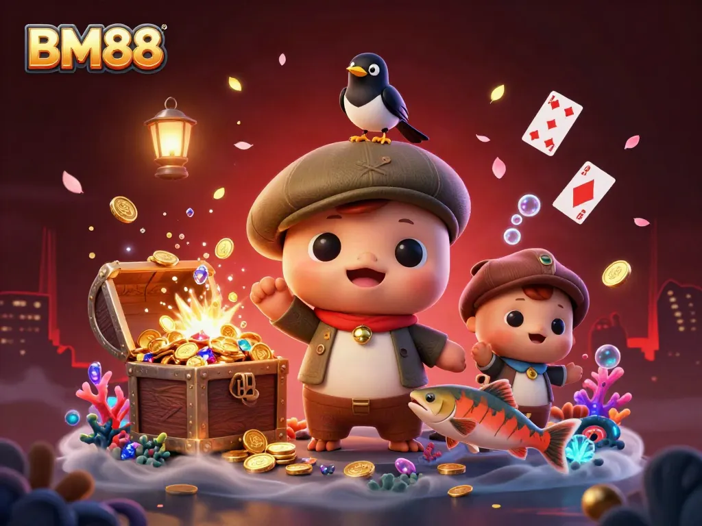 Engage in thrilling gaming at BM88 featuring adorable characters and vibrant casino elements.