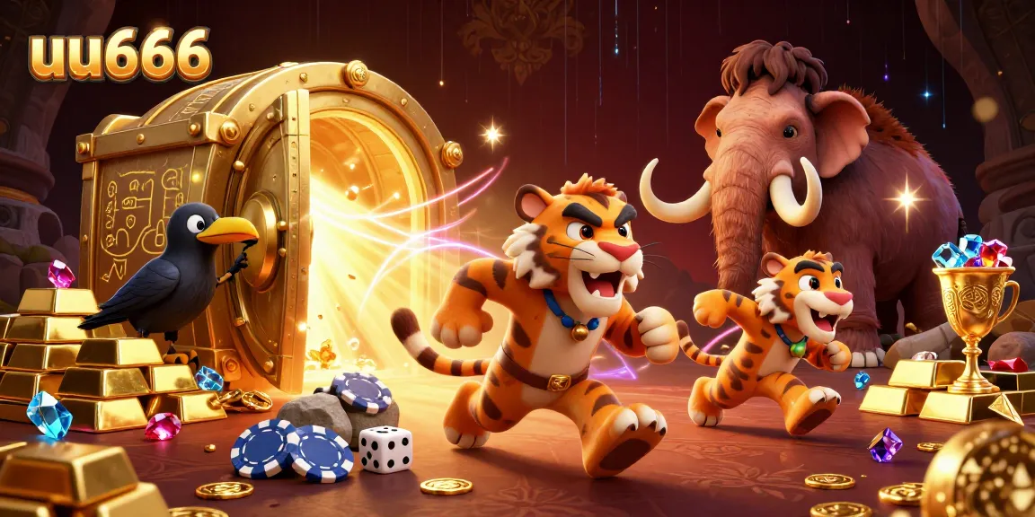 uu666 showcases a playful prehistoric casino scene with a caveman and a tiger amid gold treasures.
