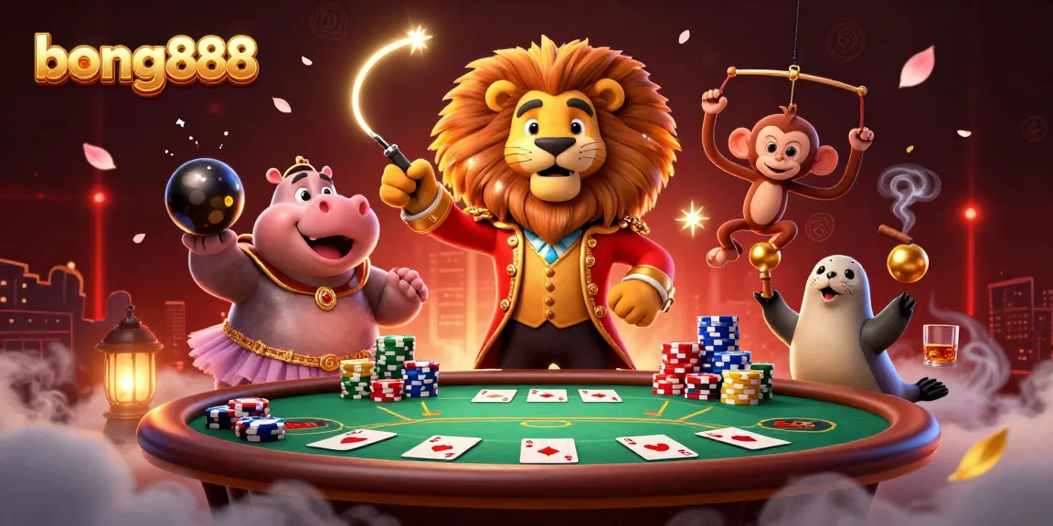 Engage in thrilling poker action at bong888 with a 3D circus-themed illustration featuring vibrant characters and game elements.