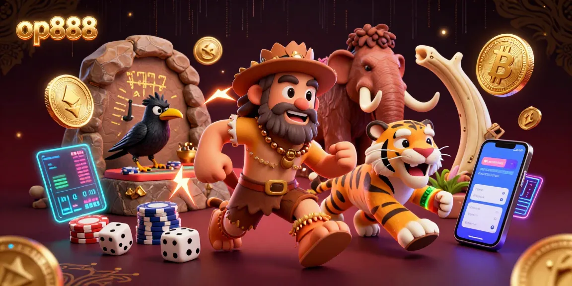 Engage with op888 in a vibrant casino scene featuring a caveman and sabertooth tiger amidst Bitcoin and Ethereum coins.