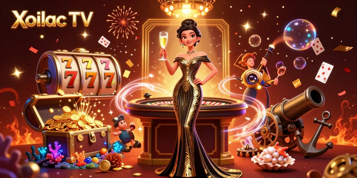 Xoilac TV showcases a glamorous Asian woman celebrating wins at a vibrant casino, surrounded by sparkling game elements.