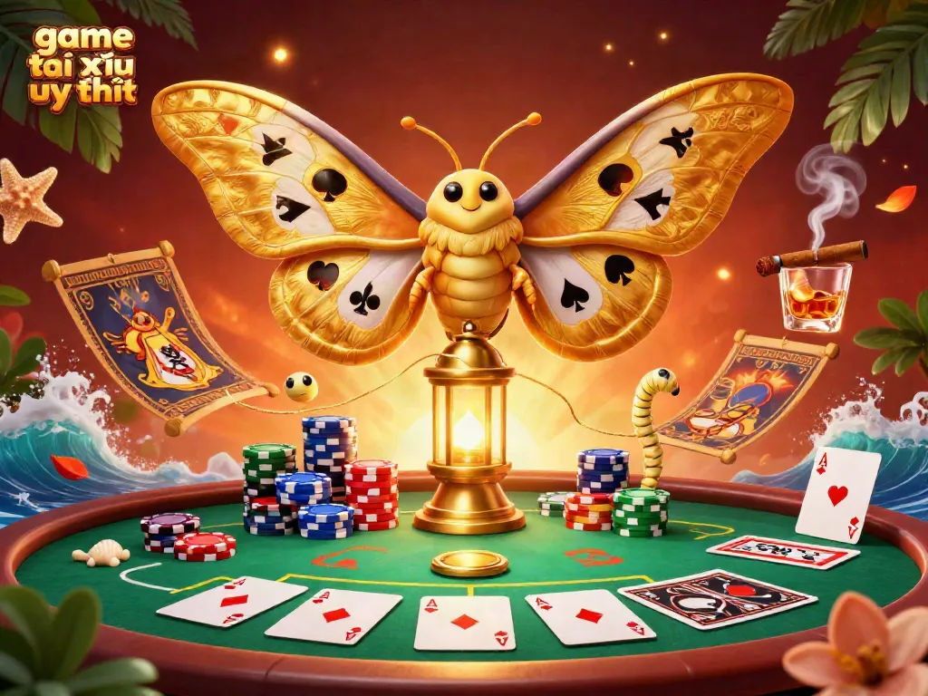 Engage in game tài xỉu uy tín with a vibrant scene of golden moths and poker action.