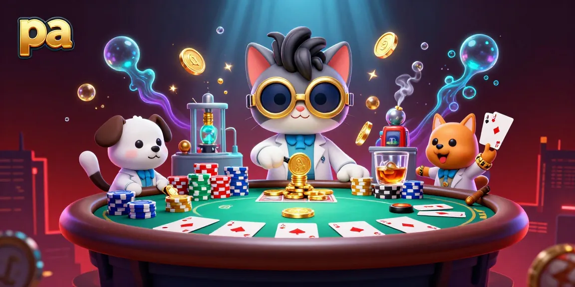 Engage with exciting poker action at pa with a cartoon scientist cat and dog creating fun!