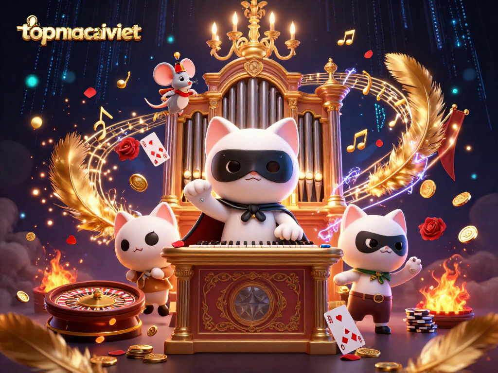 Experience topnhacaiviet's vibrant casino scene with a whimsical cat organist in a dynamic, energetic setting.