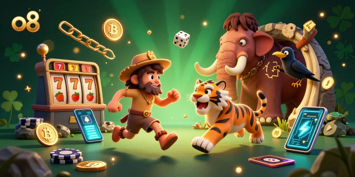 Experience thrilling gameplay with o8 at a vibrant prehistoric casino featuring a caveman, sabertooth tiger, and crypto elements.