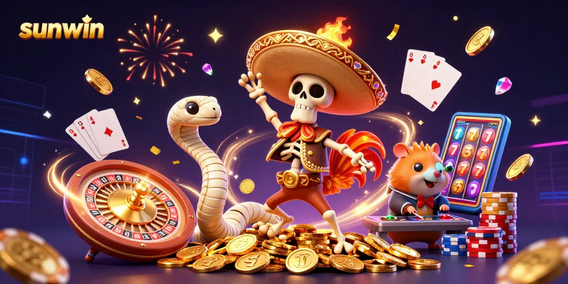 Join the fun at sunwin with exciting 3D casino characters celebrating wins amidst vibrant gaming elements.