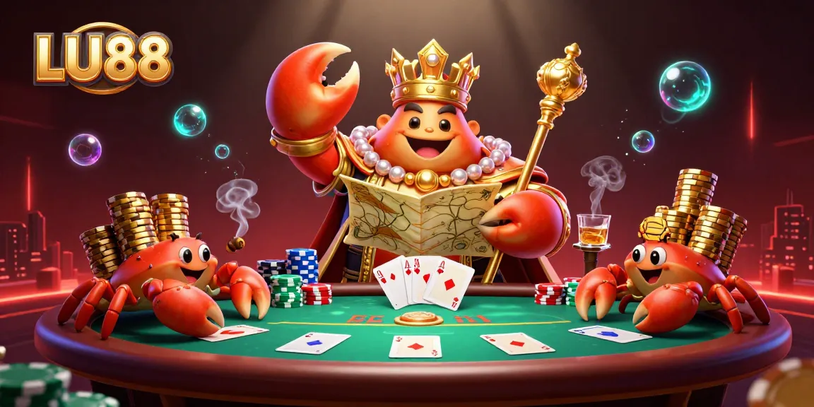 Experience exciting gaming adventures with LU88, featuring a golden crab emperor amidst vibrant casino elements.