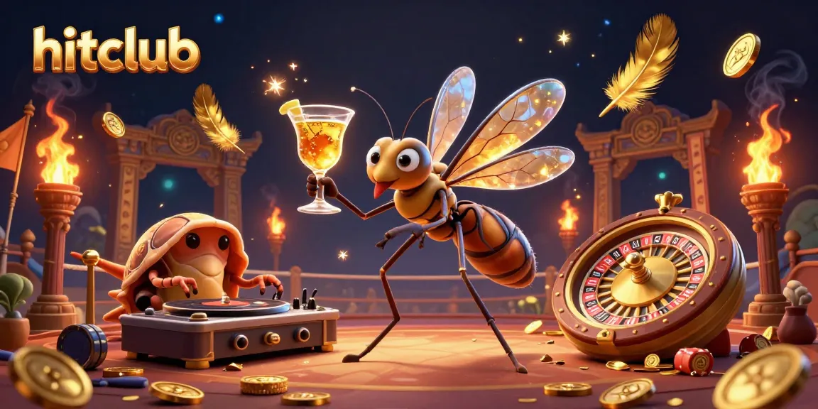 Engage with hitclub's vibrant casino scene featuring a whimsical frozen mosquito mascot amidst thrilling gaming elements.