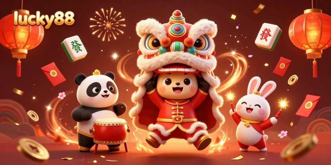 Experience the excitement of lucky88 with a vibrant 3D lion dance, drumming panda, and festive decorations.