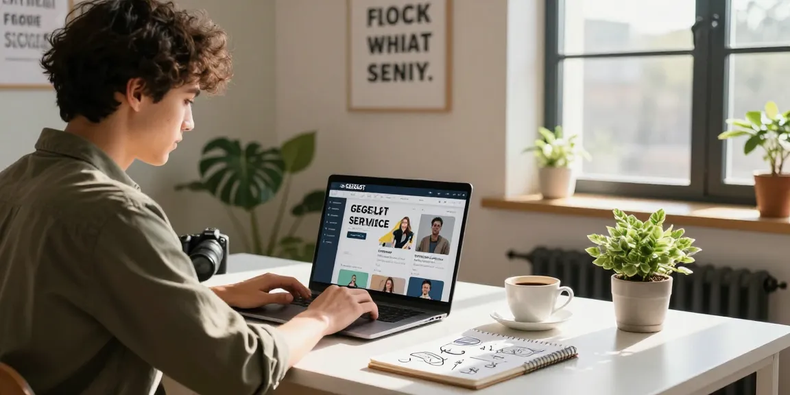 Tampilan GEGESLOT melalui layar laptop seorang pengusaha muda yang bekerja di ruang kerjanya yang modern.