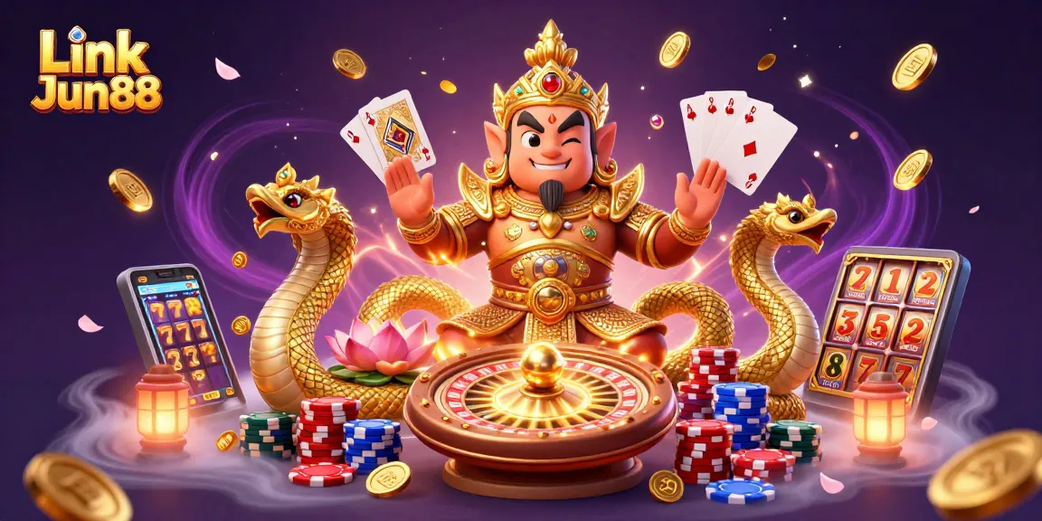Experience winning strategies at Link Jun88 with thrilling casino games illustrated in a vibrant 3D scene.