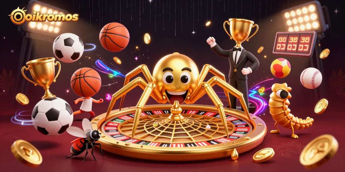 oikonomos showcases a thrilling casino scene with a golden spider spinning a roulette wheel web.