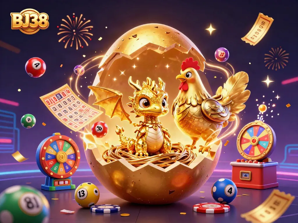 Experience the excitement of BJ38 with a golden dragon and casino elements bursting with energy.