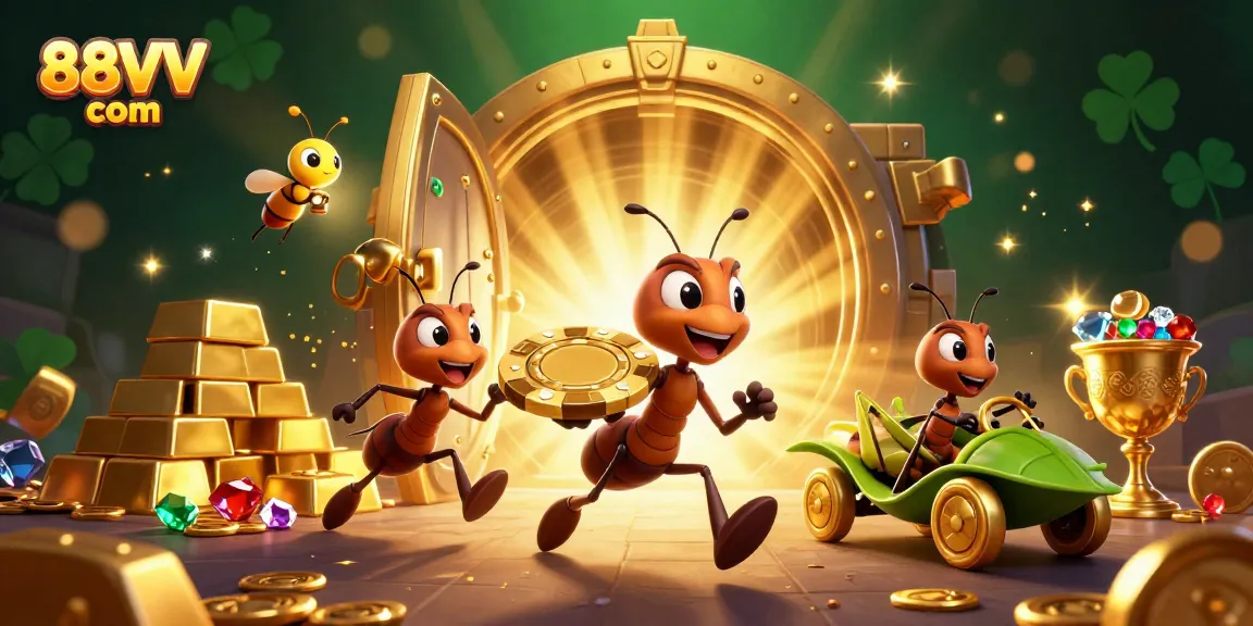 Experience thrilling action at 88VV com with a playful heist scene featuring ants, treasure, and gold.