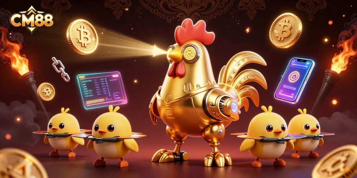 Experience the excitement of CM88 with a dynamic 3D illustration showcasing a golden rooster robot in action.