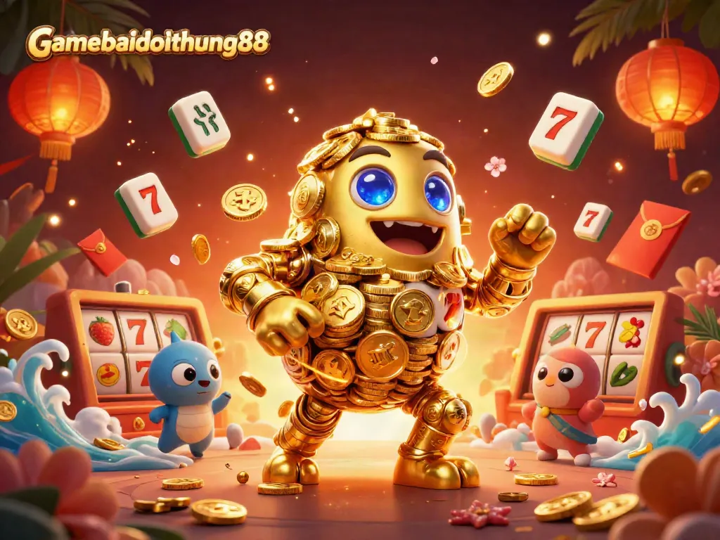 Experience gaming excitement with gamebaidoithuong88 as golden golem and slot reels illuminate the scene.