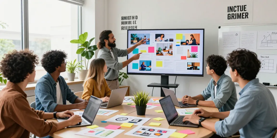 Diverse team in a creative workspace utilizing a mix board for collaboration and brainstorming.