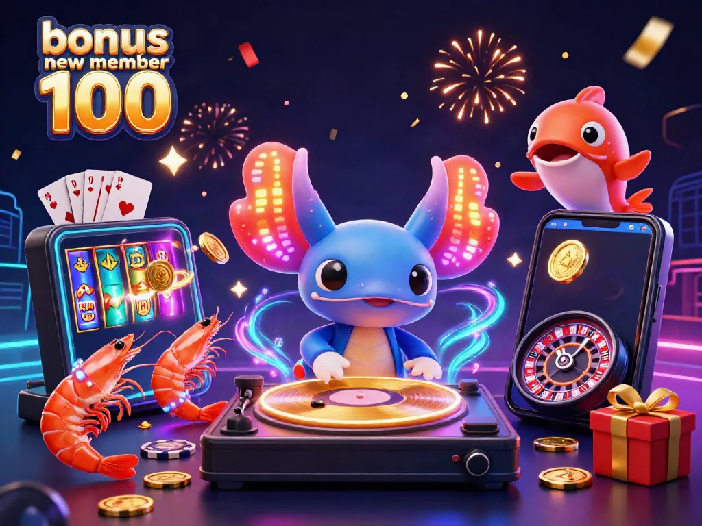 The vibrant scene showcases bonus new member 100 with a DJ axolotl, shrimp dancers, and gaming elements, enhancing the casino experience.