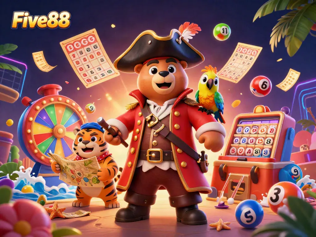 Five88's colorful online lottery scene features a pirate bear, tiger, and golden parrot amidst dynamic game elements.