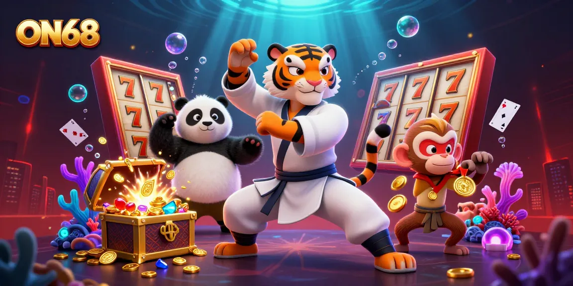 Engage with ON68's vibrant gaming world featuring a kung fu master, panda disciple, and treasure-filled adventure.