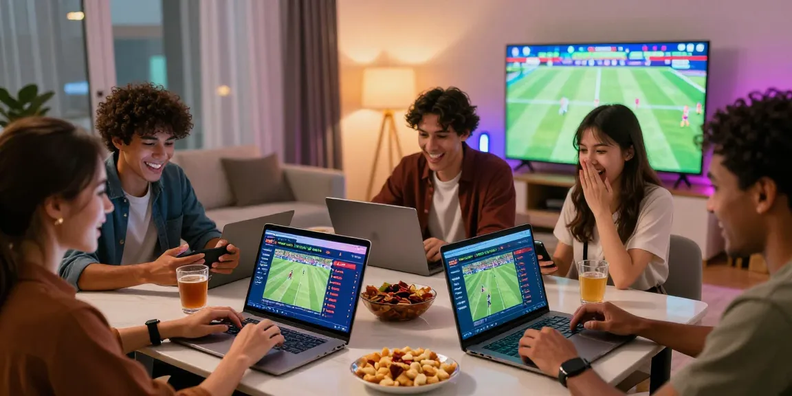Group enjoying online betting at home with Nhà Cái F168 platform, showcasing excitement and camaraderie.